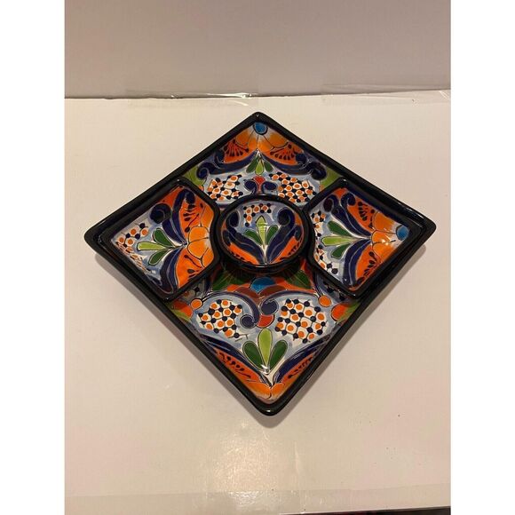 Vintage Talavera Large Hand Painted Serving Plate and 2 Small Corner Dishes Blue - Picture 5 of 12